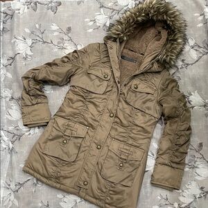 Women's Steve Madden Faux Fur Hood Puffer Jacket Parka Taupe size Medium